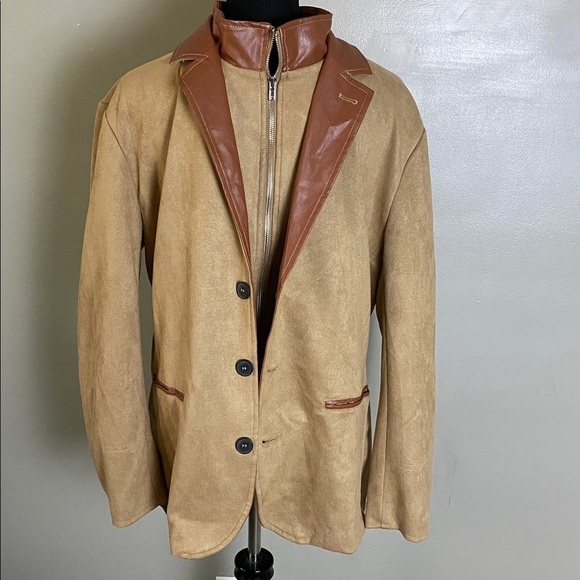 Manly Men’s Tan Khaki Suede Blazer Jacket w Leather Accents Zipper Inner Layer M - Picture 6 of 9